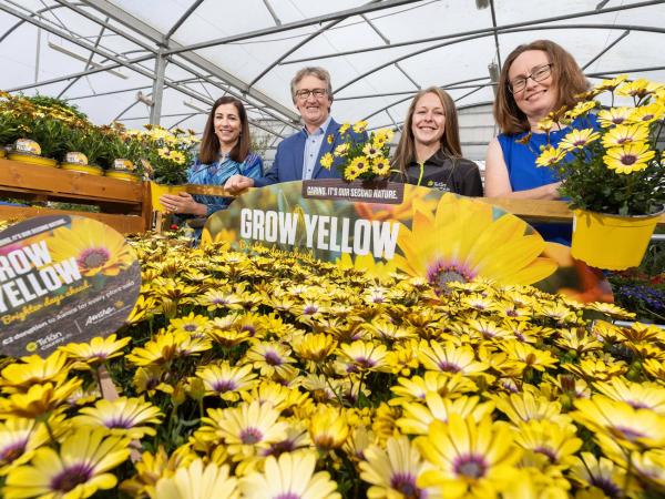 people standing around yellow flowers